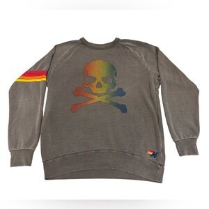 Aviator Nation Gray Sweatshirt with Rainbow Skull & Stripes